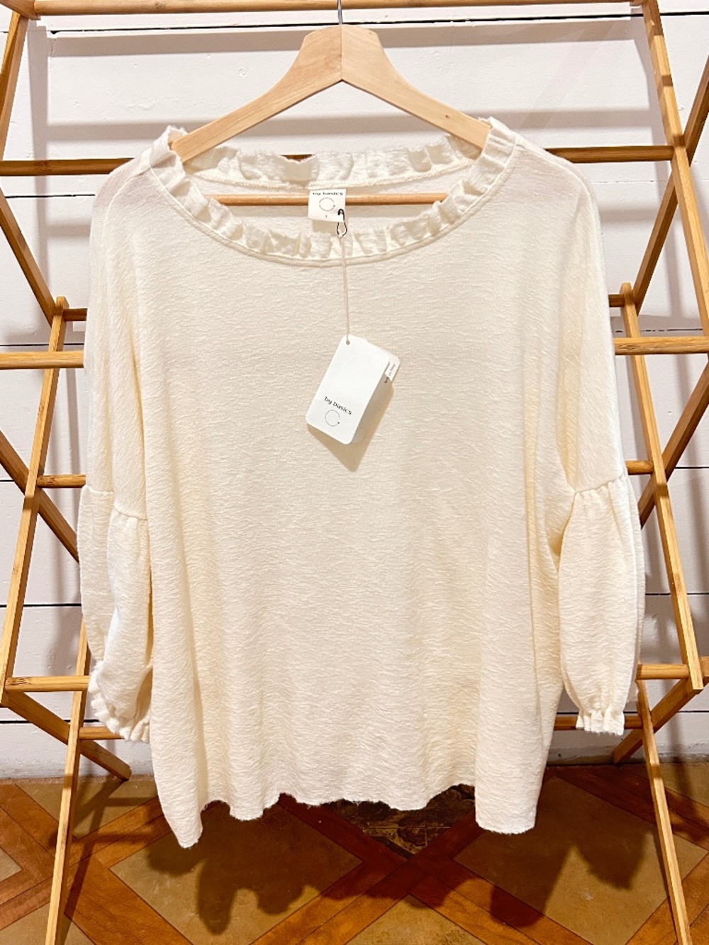 Wool crepe ruffle neck top